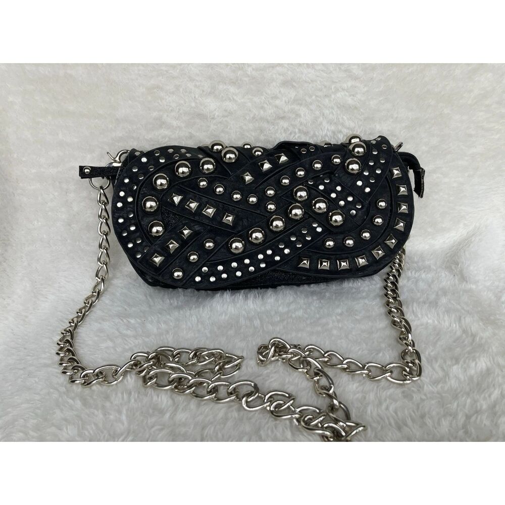 Nicole Lee USA Black Studded Crossbody Bag Woven Suede Leather Chain Clutch EUC - Picture 4 of 4
